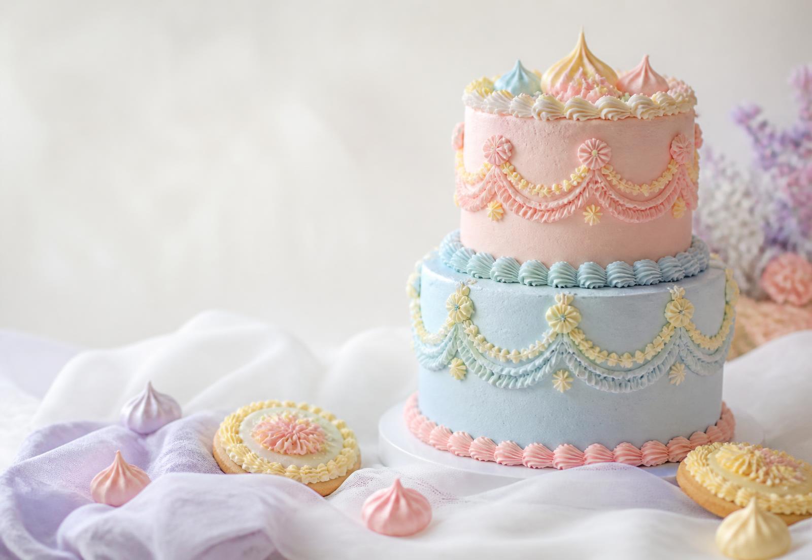 Pastel two-tier celebration cake with decorated biscuits